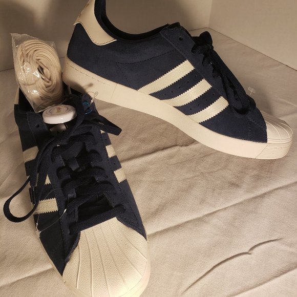 ADIDAS SUPERSTAR VULC SHELL TOE SHOES - MENS 10.5 BLUE/WHITE/GOLD PRINT/GUM SOLE - Picture 8 of 16